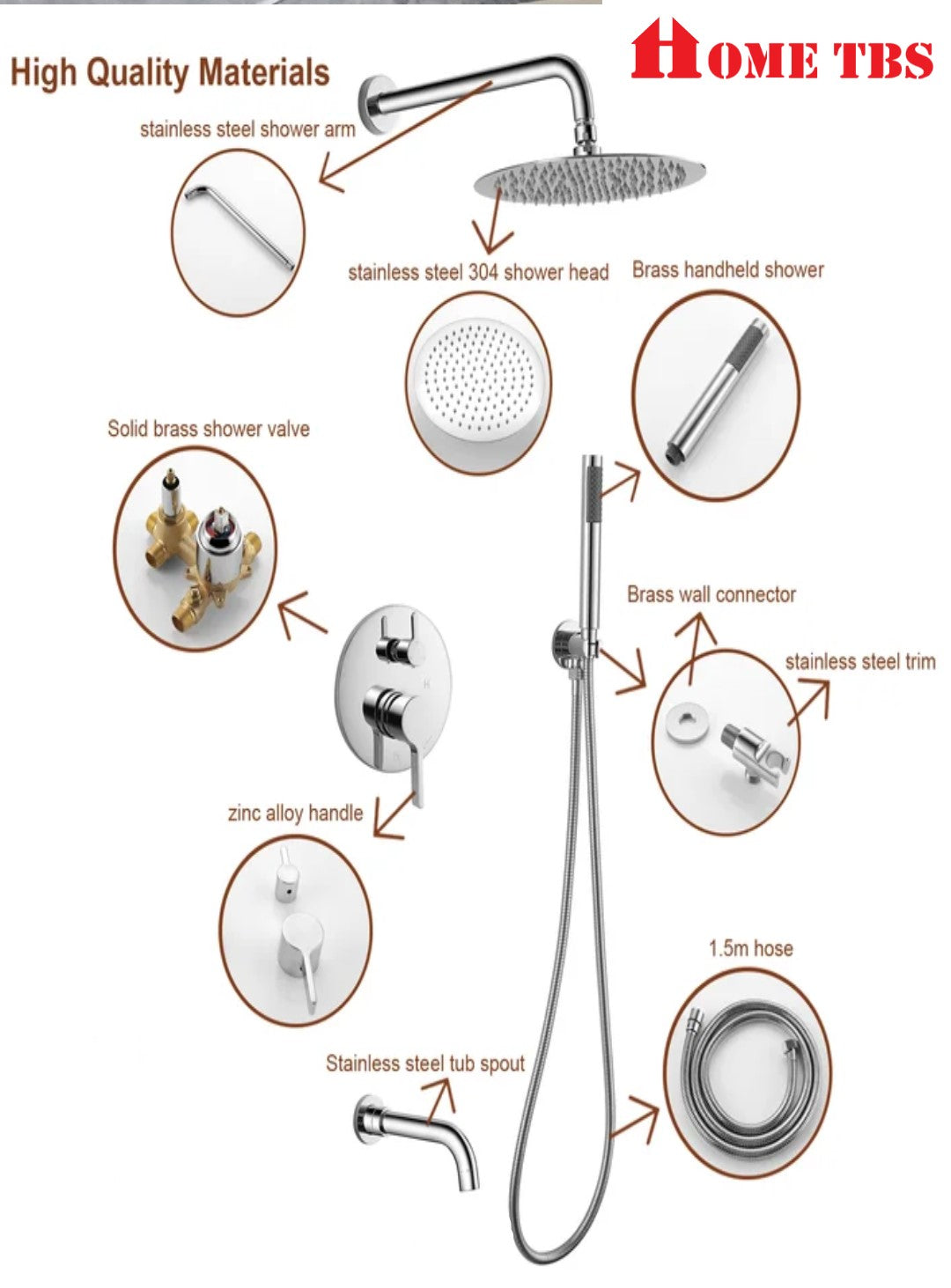 Round Bathroom Shower System 3 Functions Adjustable Wall Mounted bathtub Concealed Brass Faucet Combo Complete Set with 8 inch 20 cm Pressure Rainfall Head and 2 in 1 Dual Handheld Showerhead Rough-in Shower Valve Kit Wallmounted Rounded (Chrome)