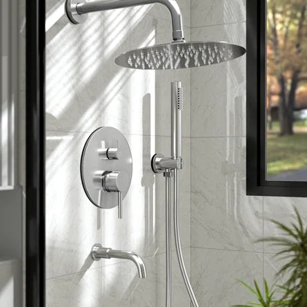Round Bathroom Shower System 3 Functions Adjustable Wall Mounted bathtub Concealed Brass Faucet Combo Complete Set with 8 inch 20 cm Pressure Rainfall Head and 2 in 1 Dual Handheld Showerhead Rough-in Shower Valve Kit Wallmounted Rounded (Chrome)