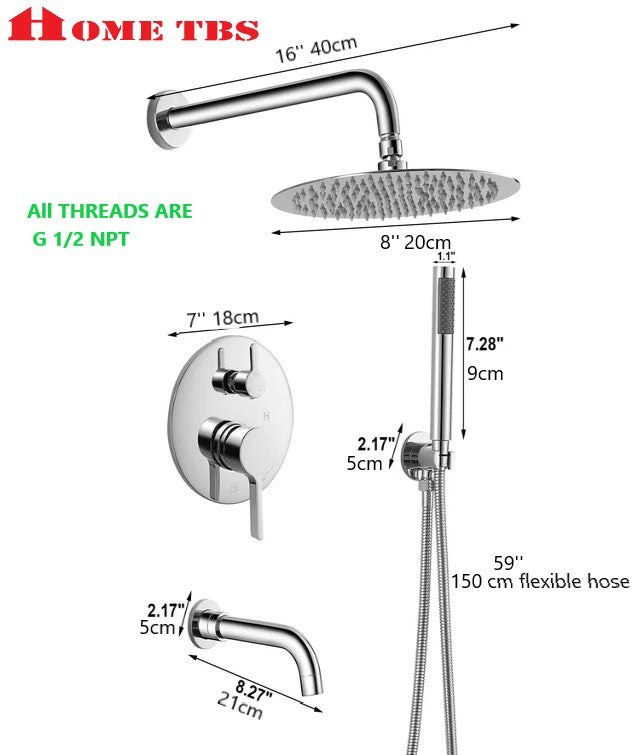 Round Bathroom Shower System 3 Functions Adjustable Wall Mounted bathtub Concealed Brass Faucet Combo Complete Set with 8 inch 20 cm Pressure Rainfall Head and 2 in 1 Dual Handheld Showerhead Rough-in Shower Valve Kit Wallmounted Rounded (Chrome)