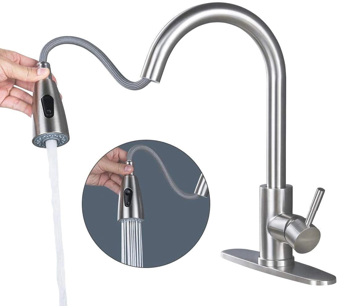 Brush Nickle Pull Down Kitchen Sink Faucet Single Handle Stainless Steel Pull Out Single Handle Sprayer Lead-Free Swiwel 360 Brushed Deck Plate